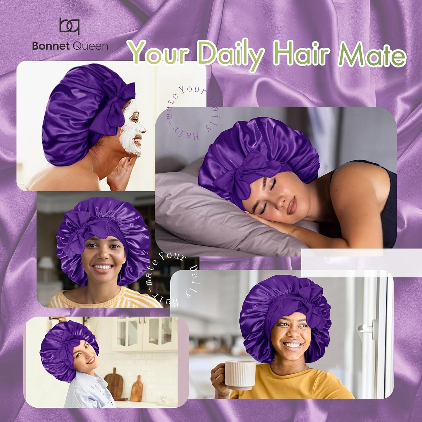 BONNET QUEEN Silk Bonnet for Sleeping Women Big Satin Bonnet Night Sleep Cap Wrap for Curly Hair with Adjustable Tie Band,Large, Purple
