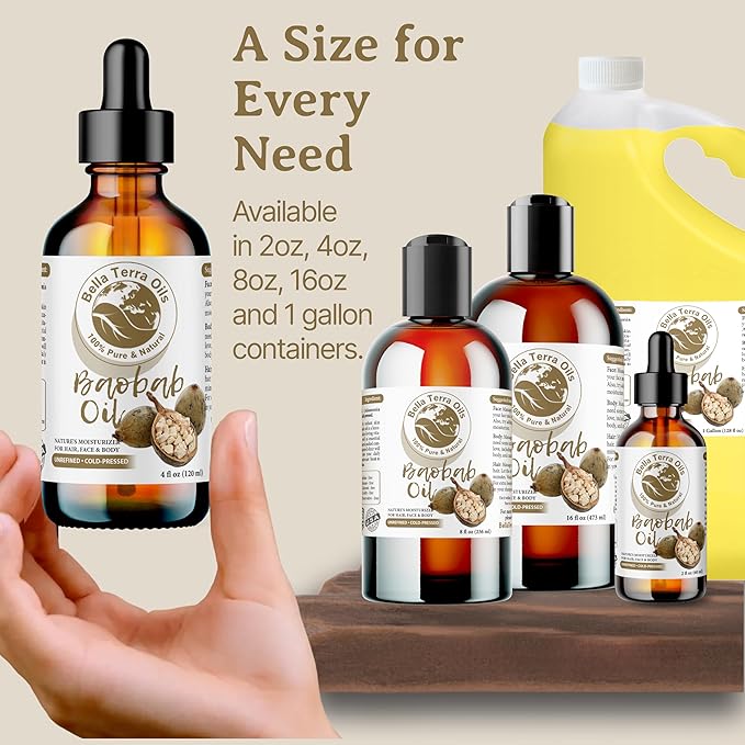 Bella Terra Oils - Baobab Oil 4oz - Luxurious Oil with Palmitic & Linoleic Acid, Perfectly Blended Nature's Bounty for a Glowing Skin