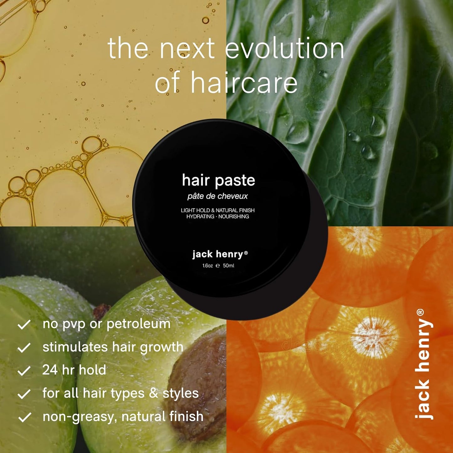 Jack Henry Hair Paste for Men - Natural Finish, Light Hold, Subtle Shine - Natural Plant Based Formula for All Hair Types - Petroleum Free for Non-Greasy Hair Texture - Unscented (1.69 oz)