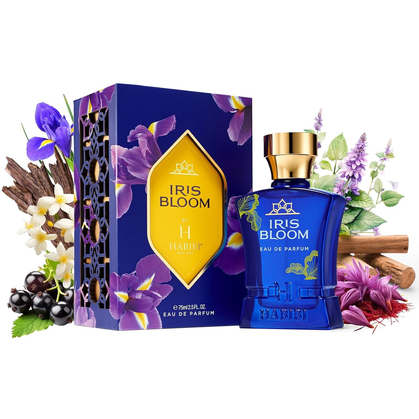 H HABIBI Iris Bloom Arabian Perfume for Women - 2.5 oz (75ML) Long Lasting Women's Fragrances, Floral Scent with Blackcurrant, Jasmine & Saffron Notes