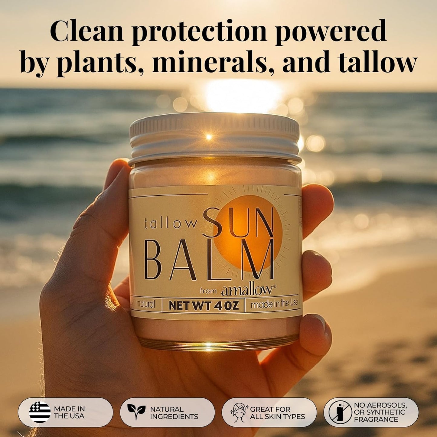 Amallow - Tallow Sun Balm with Zinc Oxide – Tinted Mineral Sun Balm with Cocoa Powder – Natural, Non-Nano Zinc Oxide, Organic Oils – No White Cast – Handcrafted in the USA – 4 oz