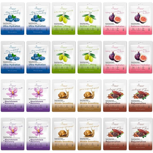 24 Pack of Sheet Face Masks Skincare - Collagen Face Mask Sheets with Hyaluronic Acid, Vitamin C, Snail Mucin - Facial Sheet Mask for Hydrating, Rejuvenating, Moisturizing