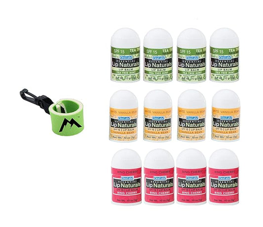 Lip Naturals Assorted Mini Lip Balms with Sunscreen (SPF-15) & Keychain - 12 Count, 3 Flavors: Tea Tree Mint, Vanilla Bean, Bing Cherry (0.10oz/3g Each) - Made in USA