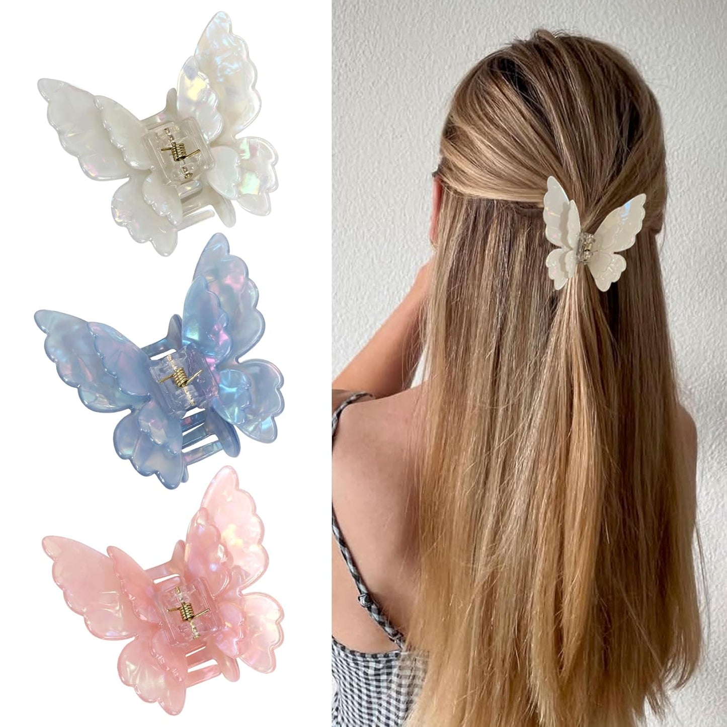 3 Packs Butterfly Hair Clips Acetate Tortoise Shell Non-Slip Jaw Clips 2.5inch, Beautiful Butterfly Hair Accessories for Girls and Women(Mixed color, White, Blue, Pink)