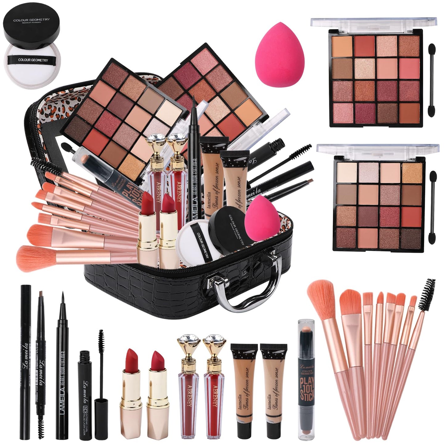 Makeup Kit for Teen Girls, All-in-One Kit with 2X16 Colors Eyeshadow, Liquid Foundation, Eyeliner Pencils, Contouring Stick, Lip Gloss, Eyebrow Pencils & 8 Makeup Brushes (Black)