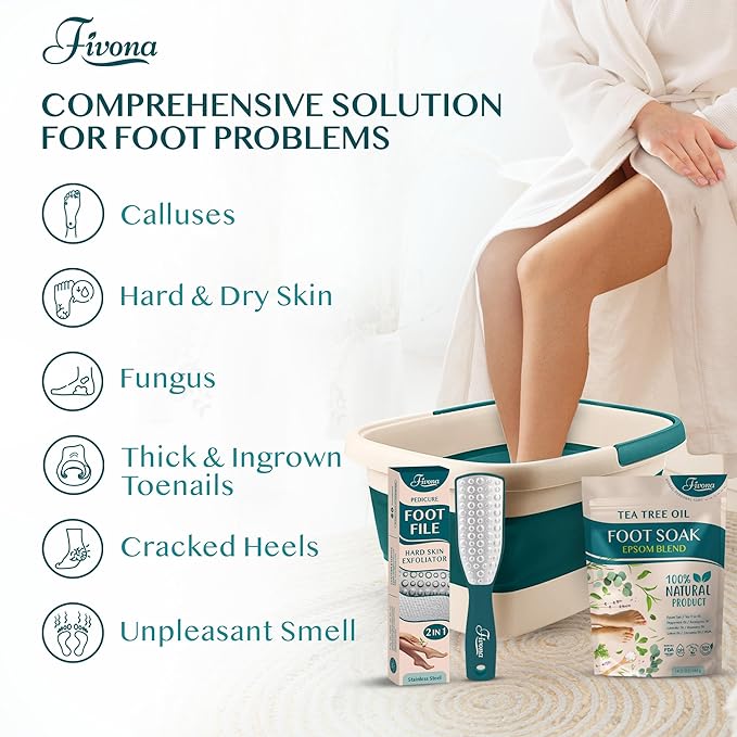 Fivona Foot Care Kit 3 in 1 - Foot Soak Blend with Epsom Salt, Tea Tree and Essential Oils - Collapsible Foot Soak Basin - Dual Action Foot File