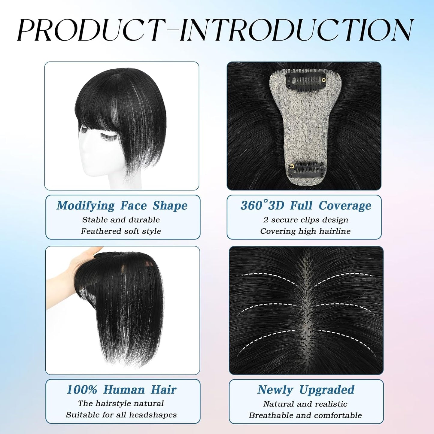 Hair Toppers for Women Real Human Hair, 360° Cover Clip in Bangs Natural Black Wispy Bangs HairPieces for Women Daily (Natural Black, 3D Bangs)