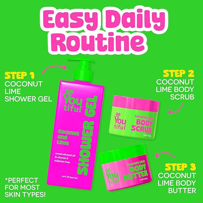 BeYoutiful Coconut Lime Body Butter for Dry Skin, Vitamin E, Coconut Oil & Shea Butter, Cruelty Free Hydrating Moisturizer for Kids & Teens, 16 oz