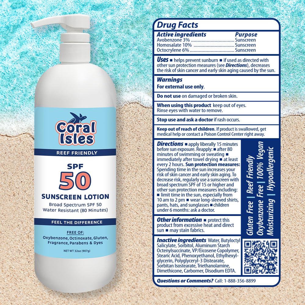 Coral Isles by Rocky Mountain Sunscreen | SPF 50 Lotion | Broad Spectrum UVA/UVB Protection | Hawaii Reef-Safe Act Compliant | Oxybenzone & Octinoxate Free | Water Resistant 80 Min. | 32 Fl Oz