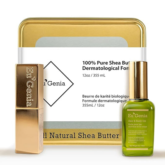 Eu'Genia Shea Face, Lip & Body Shea & Moringa 3-PC Gift Set – Hydrating Lip Balm, Nourishing Body Oil, 12oz Dermatological Shea Butter – Natural Skincare