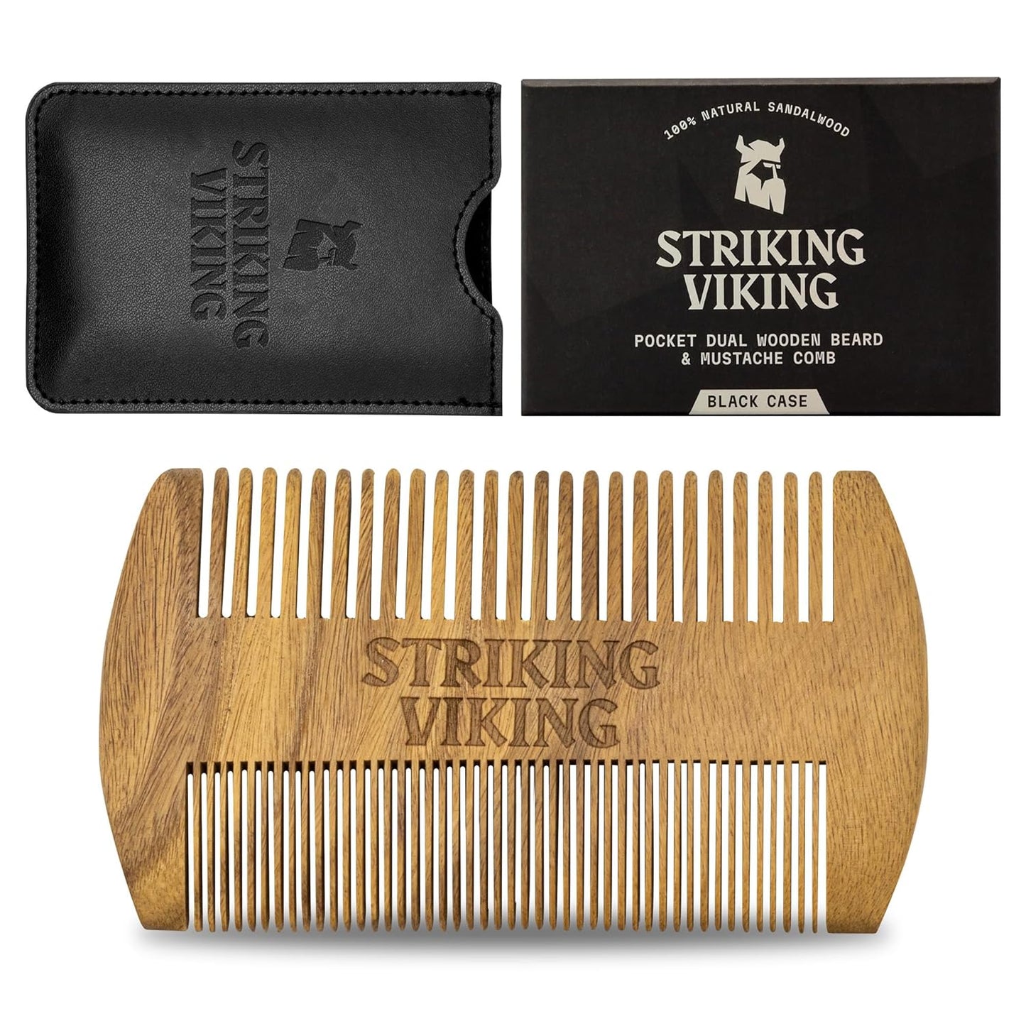 Striking Viking Sandalwood Beard and Mustache Comb Set - Pocket-Sized Wooden Comb with Fine and Coarse Teeth, Case Included - Perfect for Balms and Oils