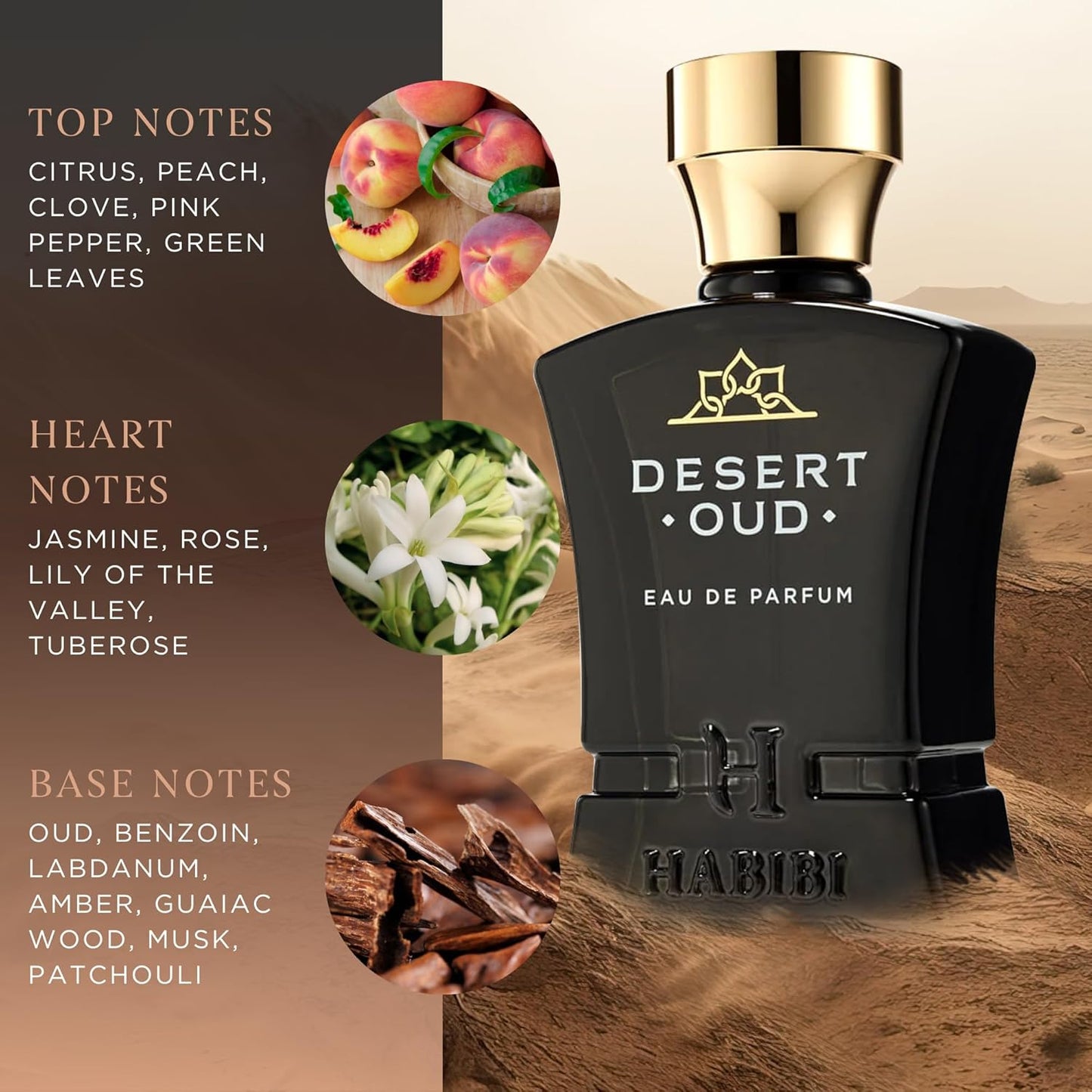 H HABIBI Desert Oud Perfume for Men - 2.5 oz (75ML) Long Lasting Arabian Cologne, Bold Floral Woody Men Perfume, Luxury Fragrance Gift for Special Occasions
