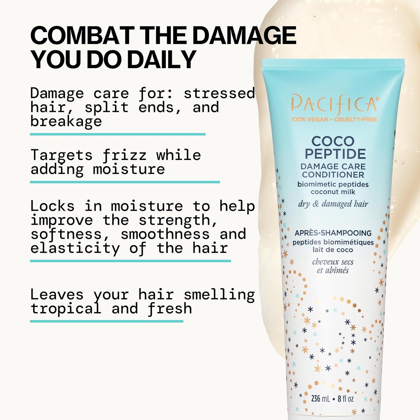 Pacifica Coco Peptide Damage Care Conditioner, Haircare, Repair Split Ends and Breakage, Hair Repair Treatment, Color Safe, For Dry and Damaged Hair, Hair Care, Vegan, 8 fl oz (1 Count)