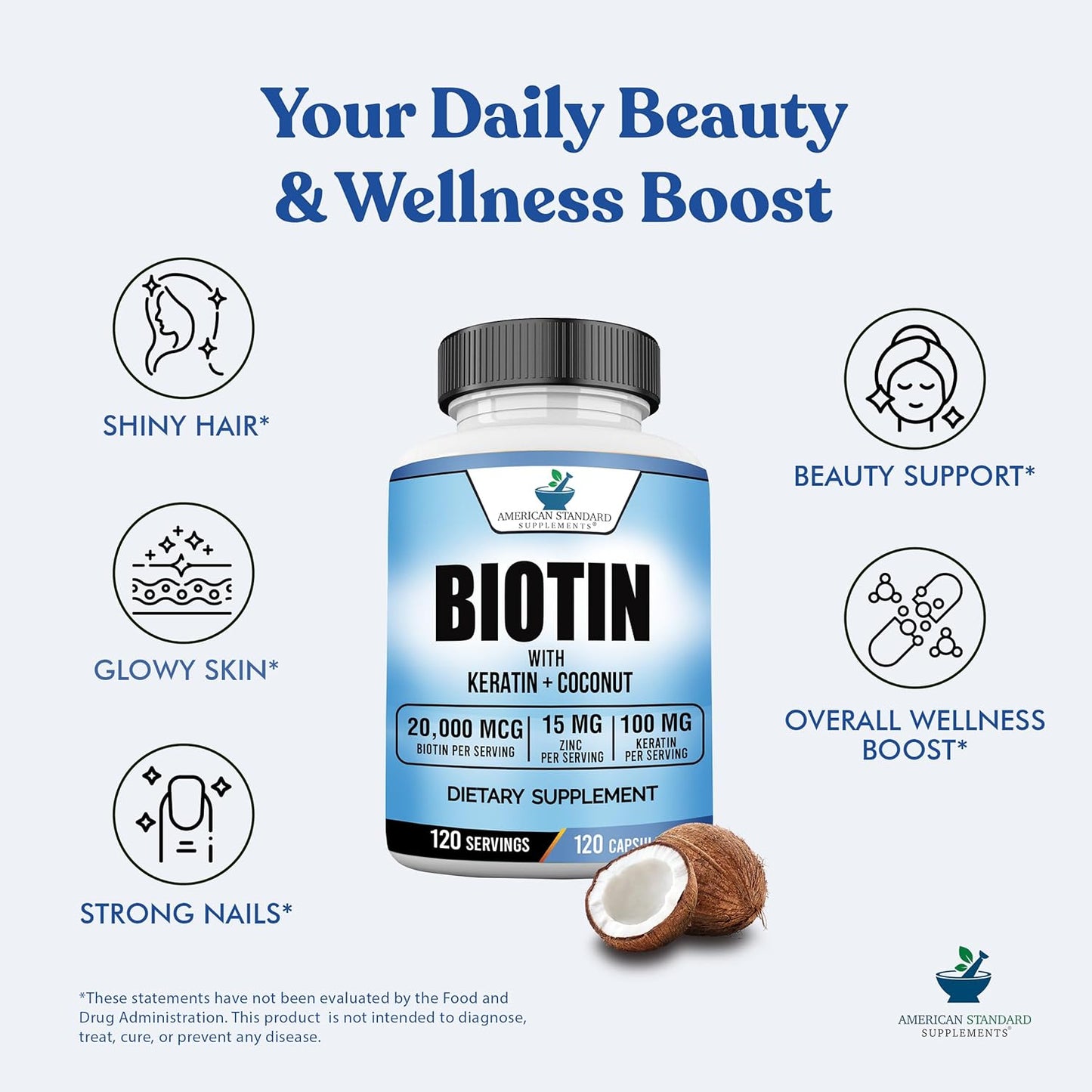 American Standard Supplements Biotin 20,000mcg with Keratin, Coconut Powder and Zinc, Biotin Supplement for Women and Men,120 Veggie Capsules, 120 Day Supply