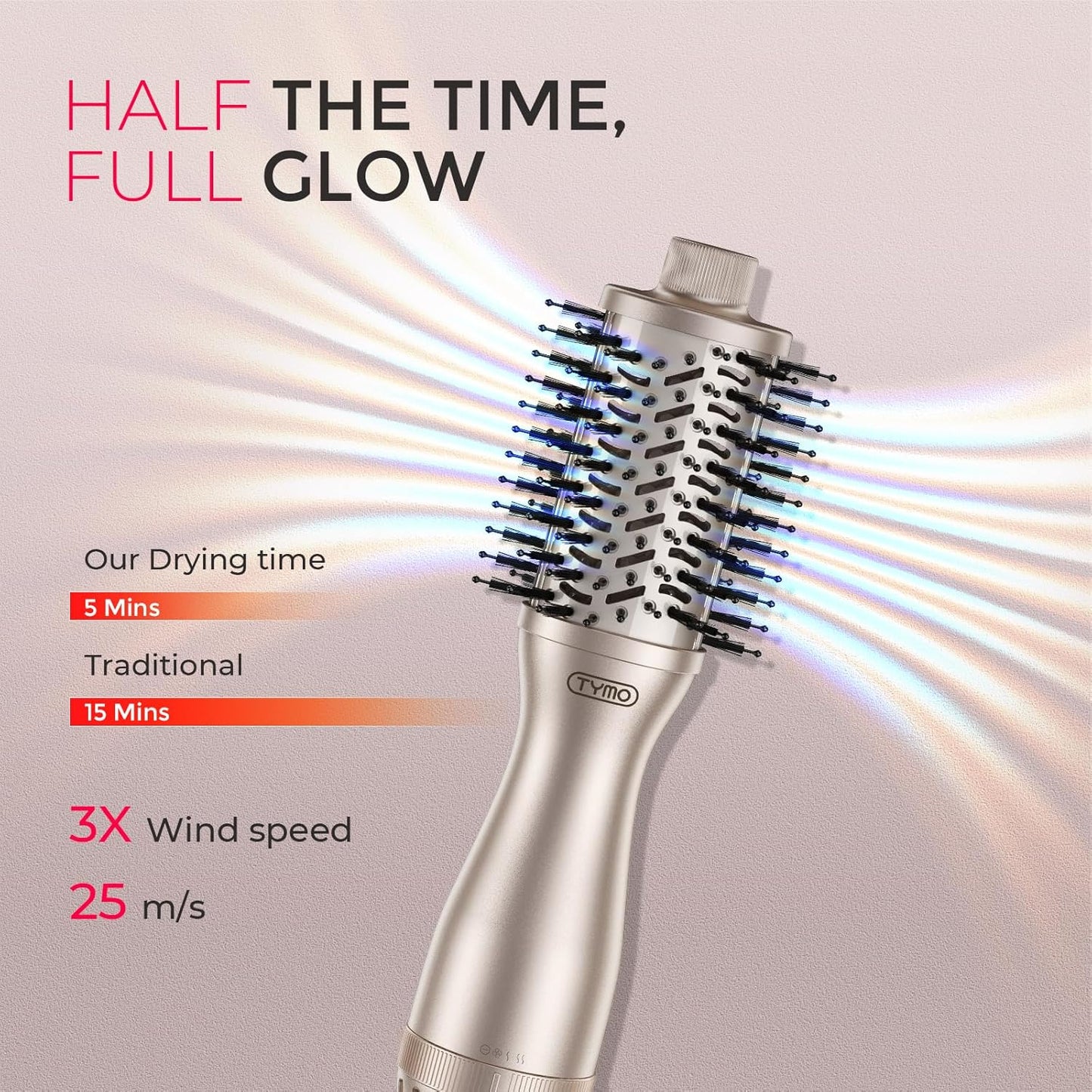 TYMO 2.0 Hair Blow Dryer Brush - Blowout Hot Air Brush, One Step Volumizer, Upgraded 2 Inch Barrel Roller Curling Styler, 3X Faster Drying, 0.6 lb Lightweight, Straightener Curling in One, Gold