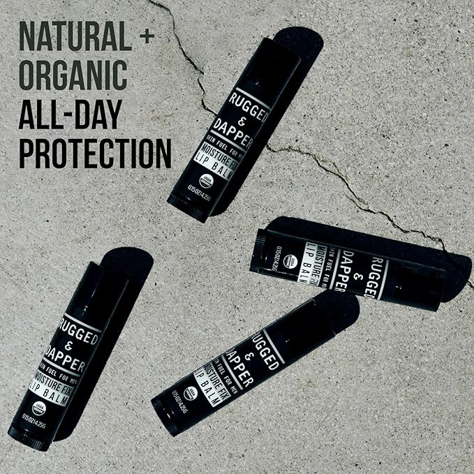 RUGGED & DAPPER Lip Balm for Men - Certified Organic + Natural Ingredients - 4 Pack - Hydrating Mens Chapstick - USA Made