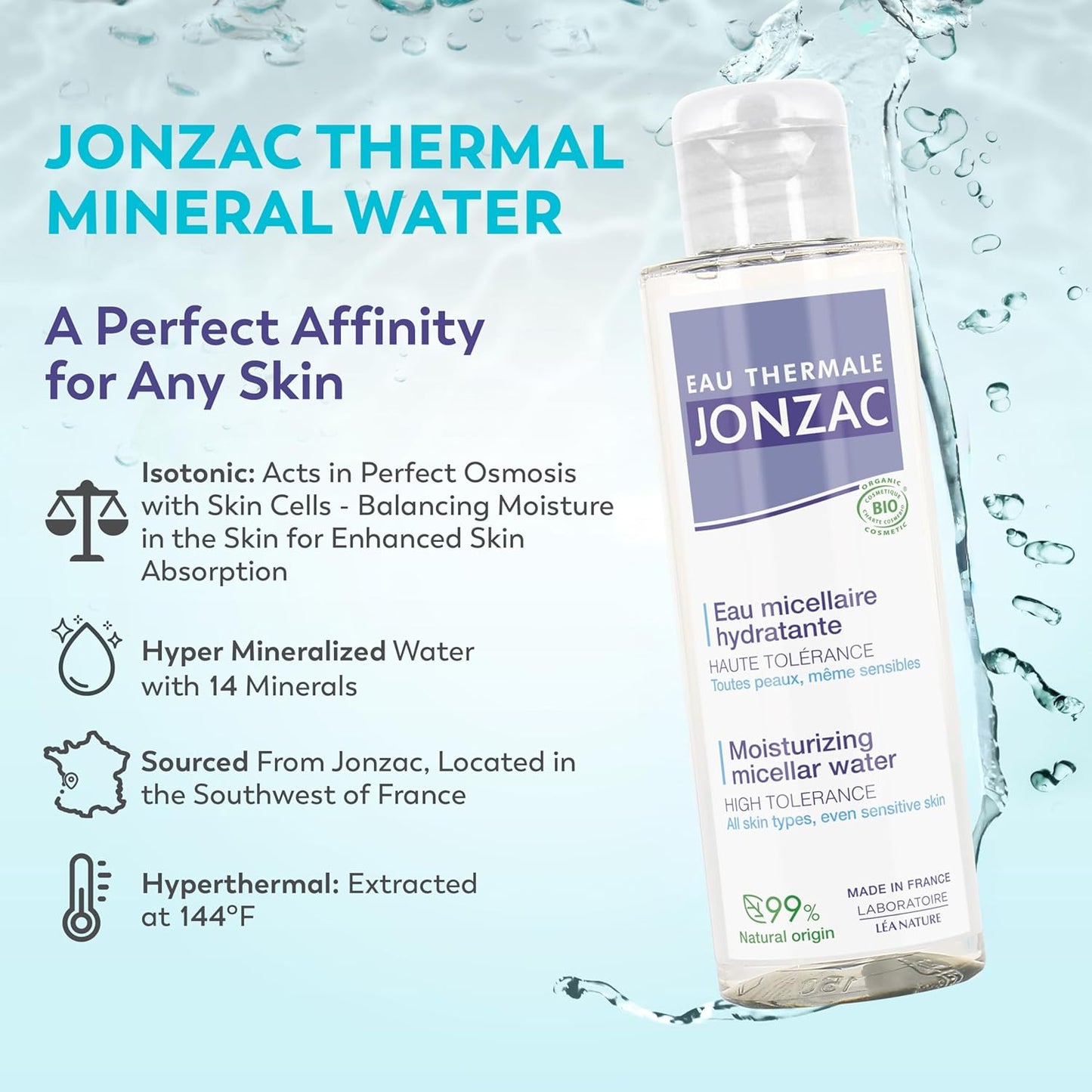 Eau Thermale Jonzac 99% Organic Micellar Water - Natural Eye & Face Makeup Remover - Hydrating Thermal Water - for Sensitive Skin - Non-Toxic - Agua Micelar Orgánica - Travel Size - 3.38 Fl Oz