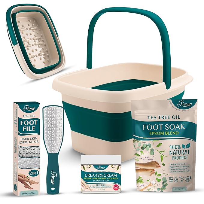 Fivona Foot Care Kit 4 in 1 - Foot Soak Blend with Epsom Salt, Tea Tree and Essential Oils - Collapsible Foot Soak Basin - 42% Urea Cream for Hard, Calloused Skin - Dual Action Foot File