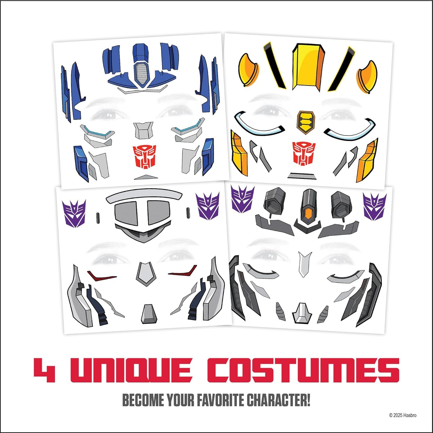 Transformers Costume Face Tattoos – Temporary Tattoo Set for Kids Featuring Optimus Prime, Bumblebee & More, Easy Halloween Costume Accessory, Non-Toxic & Skin-Safe
