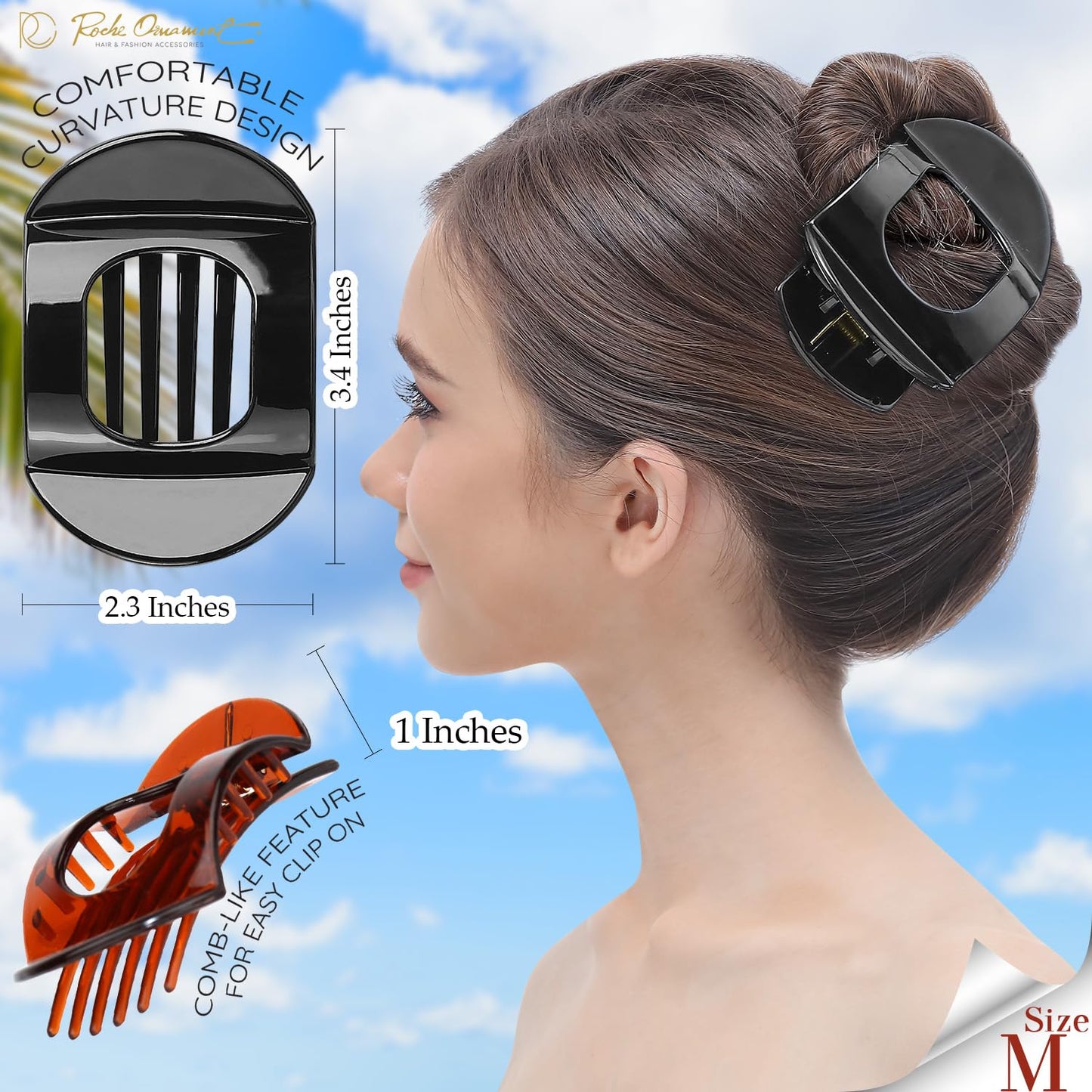 RC ROCHE 6 Pcs Flat Claw Hair Clips for Women Thick Hair French Round Duckbill Square Secure Strong Hold Grip Clamps Barrettes Curved No Slip No Crease Styling Cute, Medium Black, Brown & Transparent