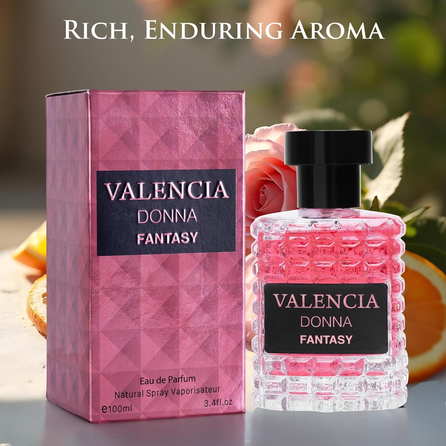 Valencia Donna Fantasy for Women Eau De Parfum - Floral Fruity Fragrance Top Notes of Kiwi & Brazilian Orange Mid Aroma of Rose & Jasmine - Base Scent of White Musk & Texas Cedar Elegant 100ml Bottle