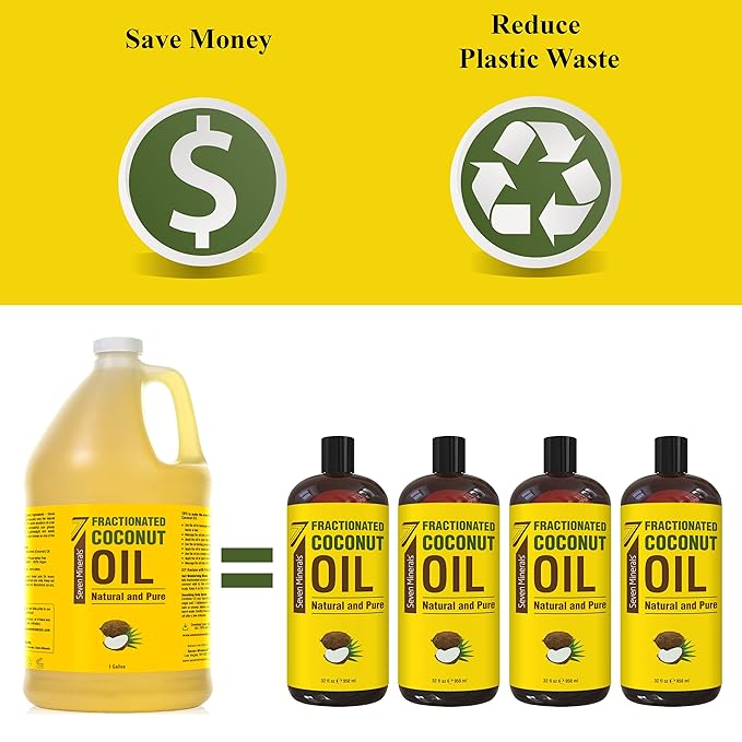 Seven Minerals Pure Fractionated Coconut Oil - 1 Gallon - Non-GMO, 100% Natural, Lightweight Massage Oil for Therapy on Skin, Hair, More - Perfect Bulk Carrier Oil for Essential Oils (128 fl oz)