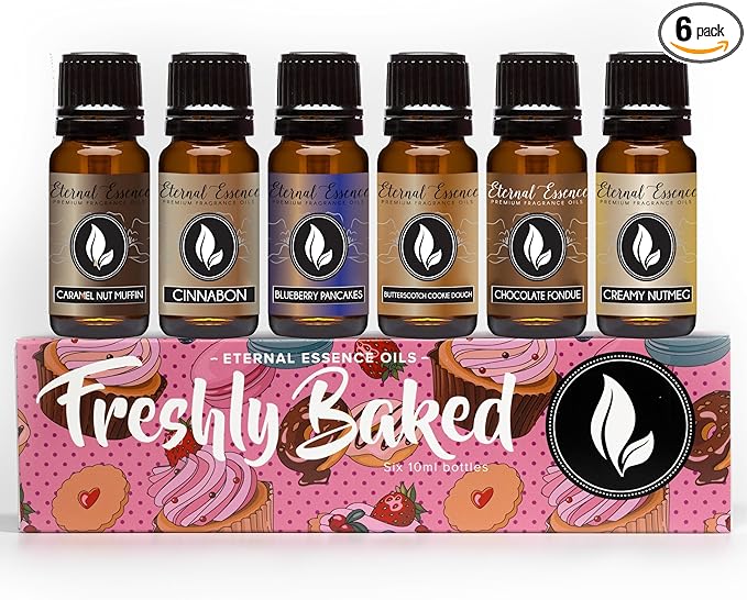 Eternal Essence Oils Freshly Baked Set of 6 Premium Fragrance Oils - Includes Blueberry Pancakes, Caramel Nut Muffin, Butterscotch Cookie Dough, Cinnabon, Chocolate Fondue, and Creamy Nutmeg - 10ML