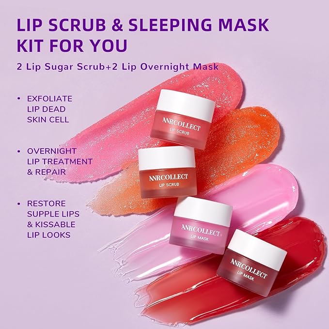 Lip Scrub & Lip Mask - Overnight Treatment Lip Care Kits with 2 Lip Exfoliator & 2 Sleeping Lip Balm, Intense Hydration Lip Set for Dry Chapped Cracked Lips, Exfoliate & Moisturize (4 Pack)