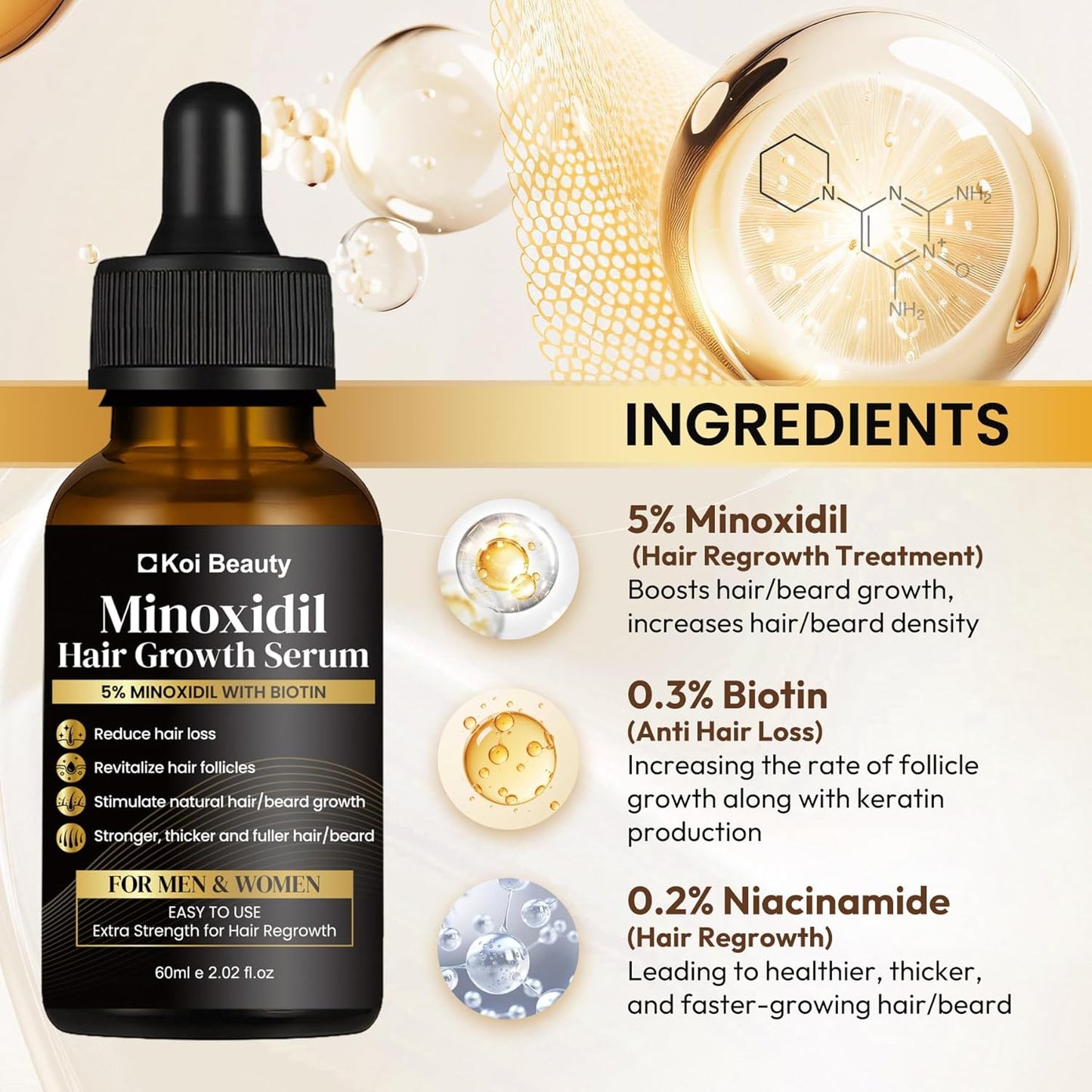 5% Minoxidil Hair Growth for Men and Women, Extra Strength Minoxidil Hair Loss Treatment Serum with Biotin for Faster Stronger Thicker Hair Growth 60ML - For Women Hair, Men Hair & Beard Growth