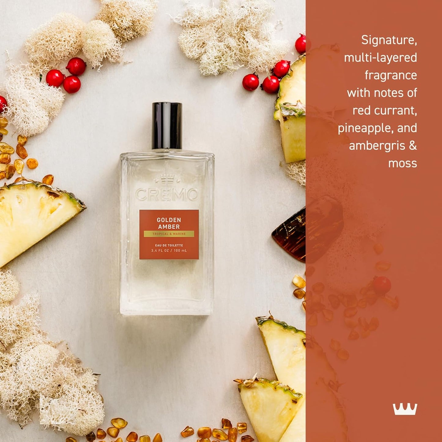 Cremo Cologne For Men - Golden Amber Mens Cologne Spray, A Combination of Red Currant, Pineapple, Ambergris and Moss, Multi-Layered Signature Men's Fragrances, 3.4 Fl Oz