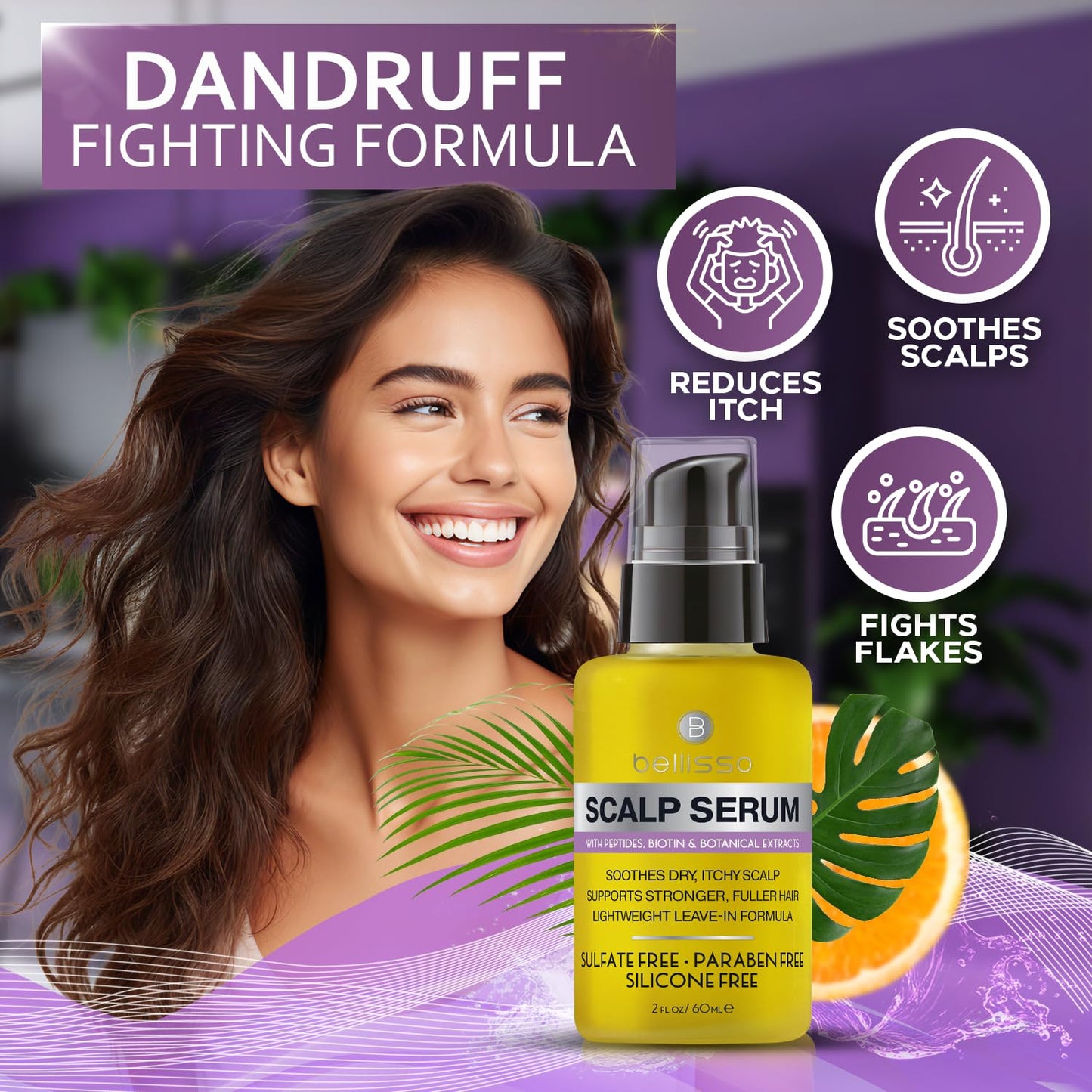 BELLISSO Scalp Serum - Dry and Itchy Dandruff Moisturizer Treatment for Women and Men - Advanced Care and Anti Itch Relief Tonic - 2 Fl Oz