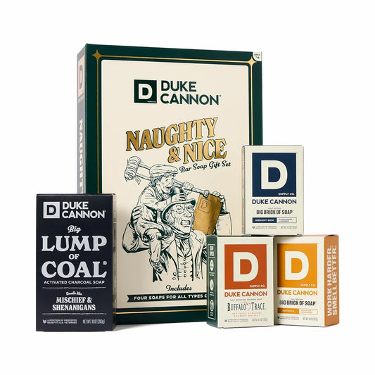 Duke Cannon Men’s Holiday Soap Gift Set – Lump of Coal 10 oz Bar + 3 Junior Bars (American Bourbon, Sawtooth, Midnight Swim) – Christmas Gift, Stocking Stuffer, Grooming Set for Men