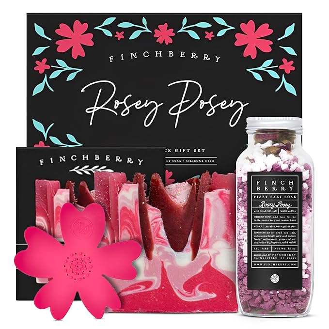 FinchBerry Rosey Posey Gift Set - Ideal Gifts Romantic Occasions, Anniversaries, Birthdays, Women’s Day, Housewarming, or Get Well Soon - Spa Gift Set With Handmade Soap, Fizzy Salt Soak & Soap Dish