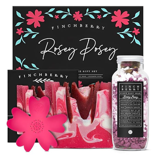 FinchBerry Rosey Posey Gift Set - Ideal Gifts Romantic Occasions, Anniversaries, Birthdays, Women’s Day, Housewarming, or Get Well Soon - Spa Gift Set With Handmade Soap, Fizzy Salt Soak & Soap Dish