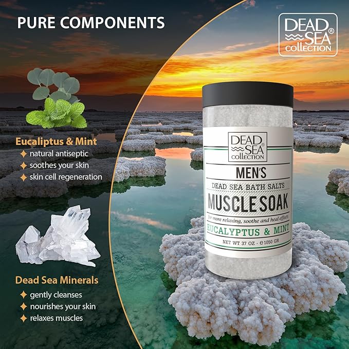 Dead Sea Collection Bath Salts for Men with Eucalyptus & Mint Oils - Muscle Recovery Bath Soak – Mens Pure Dead Sea Salt for Soothing and Relaxing - 37 Oz