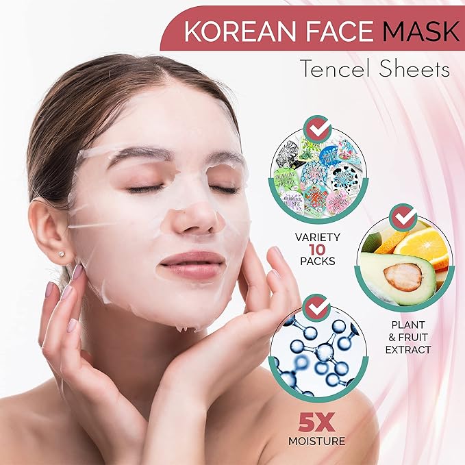 NATURAL Korean Sheet Mask (10 pcs set) made with Premium Tencel, Hydrating Face Masks, Face Sheet Mask, Korean Face Mask Skin Care For Women, Teen, Girls, Mens, Beauty Mask, Spa face Masks for a Youthful K-Beauty Glow