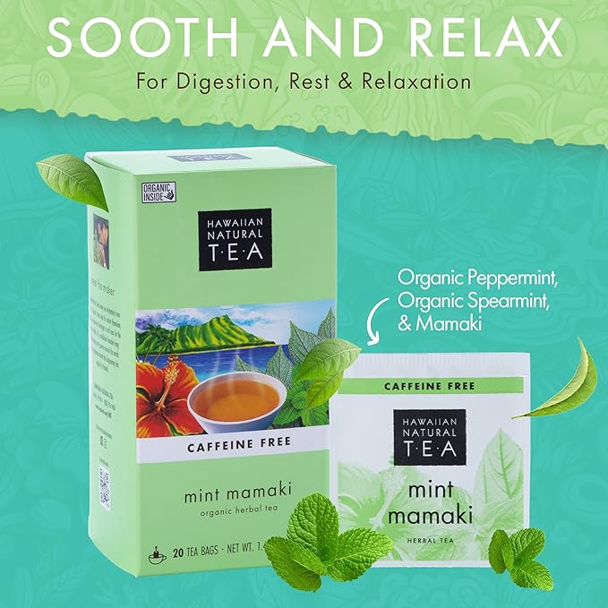 Hawaiian Natural Tea Organic Mamaki Mint Tea Blend - Caffeine Free, Herbal, Antioxidant-Rich For Calming, Wellness, Bedtime, Anxiety & Stress - Gift for Special Ocassions, 20 Bags