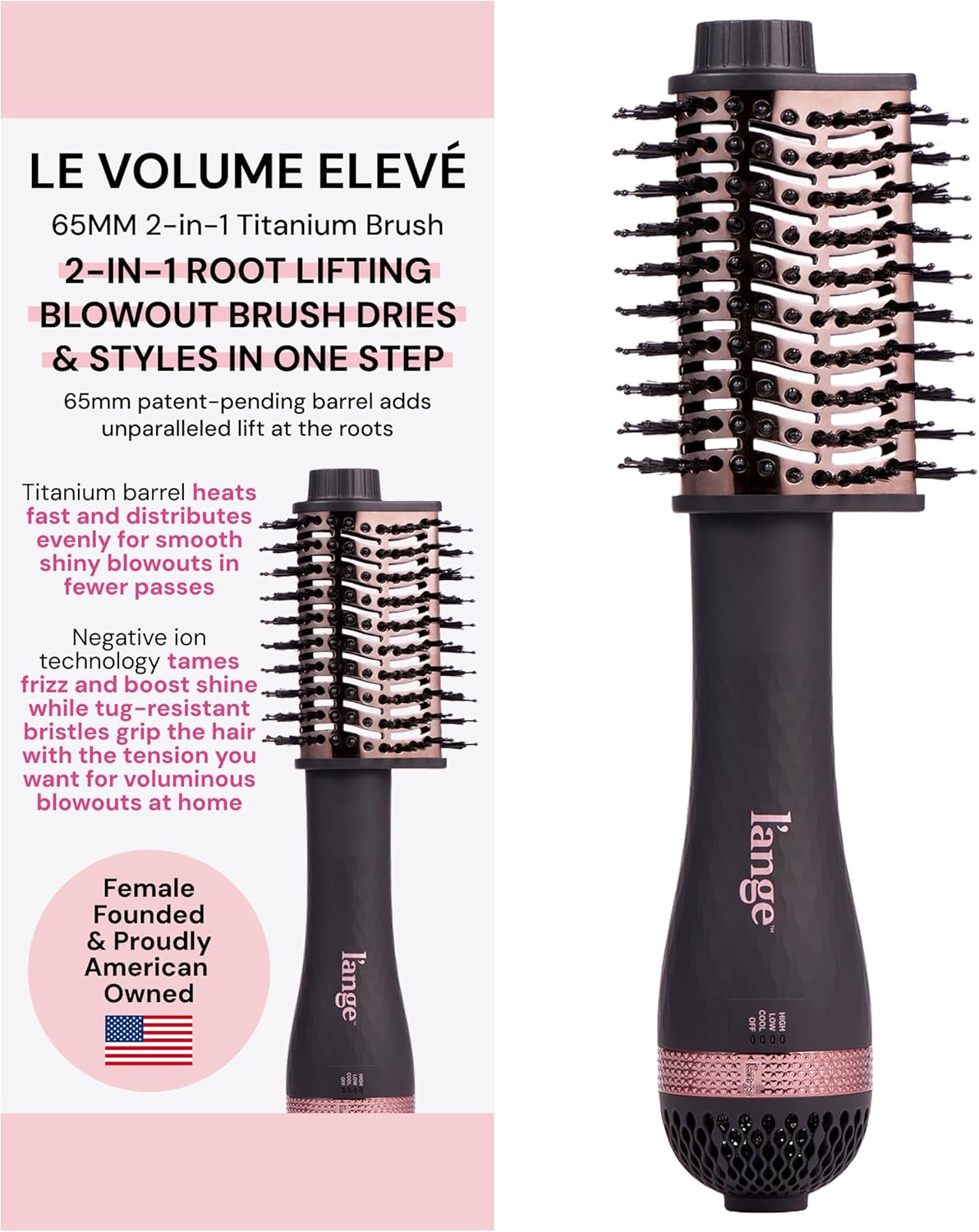L'ANGE HAIR Le Volume Elevé 65MM 2-in-1 Titanium Brush Dryer | Dry and Style | Unique Teardrop Shape Barrel | 3 Heat Settings | 360° Vented Airflow | Ionic Technology for Frizz-Free Styling (Black)