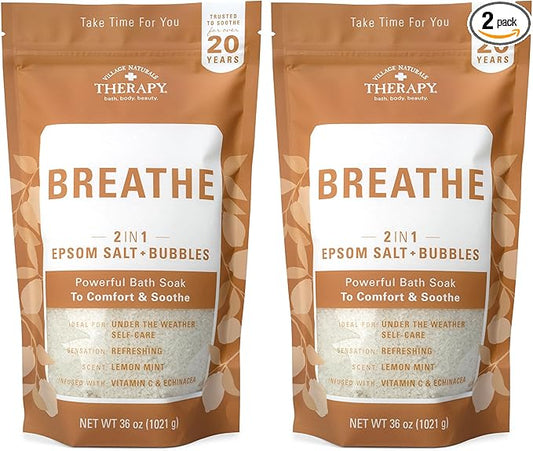Village Naturals Breathe Foaming Body Soak, Epsom Salt, Essential Oils, Soothing Bubbles, Sea Salt 36 oz, Pack of 2