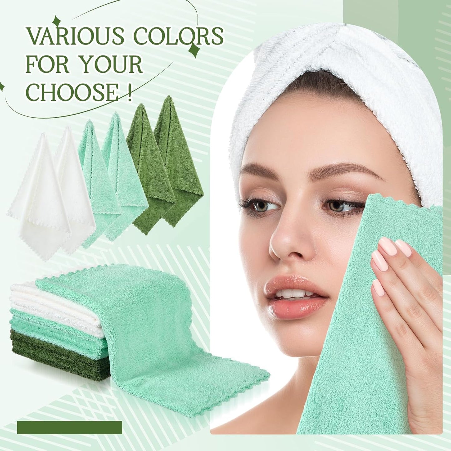 Syhood 12 Pieces Face Wash Cloth 12 x 12 in Makeup Remover Cloths Towel Coral Velvet Facial Microfiber Soft Fast Drying Facial Cleansing Towel for Face (Green Series)