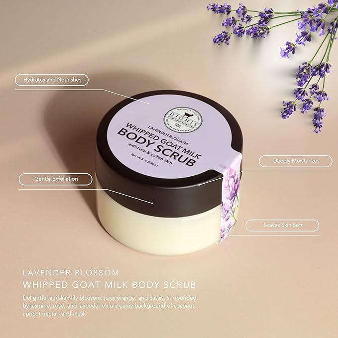 Dionis Goat Milk Lavender Blossom 6 Pc Self-Care Travel Set + 8oz Whipped Body Scrub – Hydrating Exfoliation & Moisture Kit for Smooth, Soft Skin – Cruelty-Free, Paraben-Free, Made in the USA