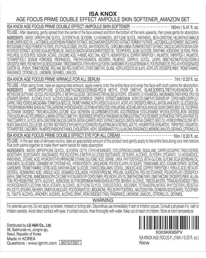 ISA KNOX AGE FOCUS PRIME Double Effect Ampoule Toner, PRIME Wrinkle For All Serum & PRIME Eye For All Cream (177 ml/5.99 fl oz) - Korean Skin Care by LG Beauty. Daytime Retinol.