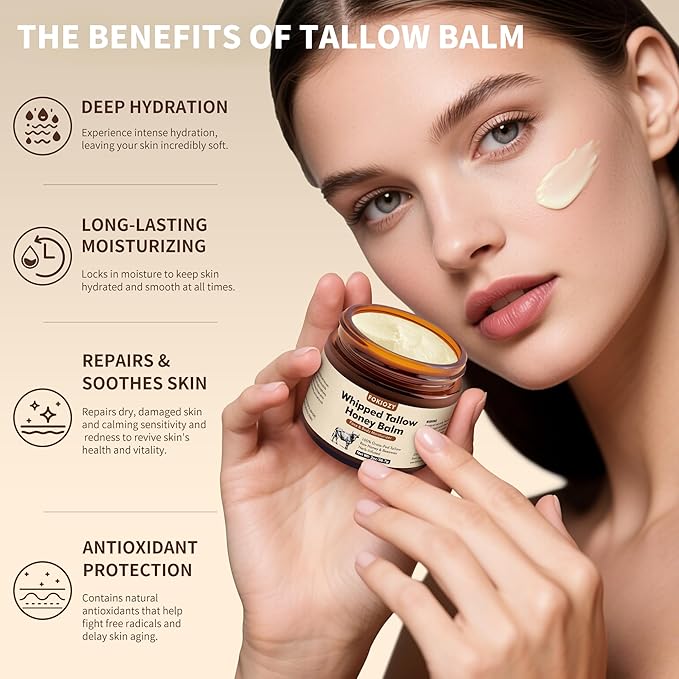 Beef Tallow for Skin, 100% Grass-Fed Whipped Beef Tallow Honey Balm for Face and Body, Tallow Face Moisturizer with Jojoba Oil, Shea Butter for Sensitive, Dry Skin - 2 oz