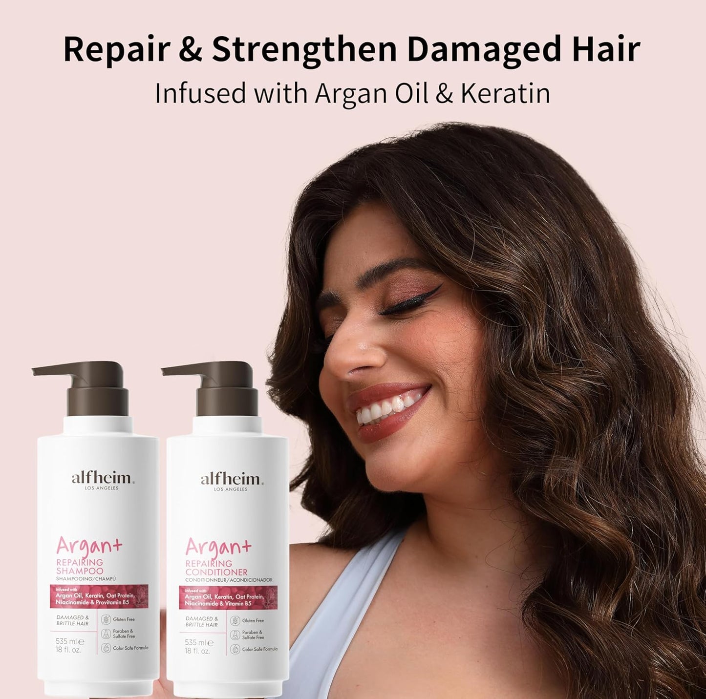 ALFHEIM Argan+ Repairing Shampoo & Conditioner Set for Dry, Damaged & Frizzy Hair with Argan Oil, Keratin, Oat Protein – Deep Repair, Moisture & Shine – Color Safe, Sulfate Free – 18 oz × 2