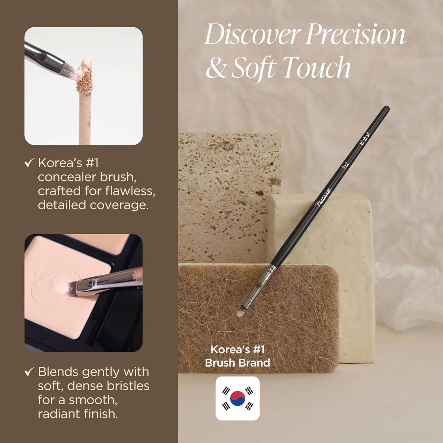 Piccasso 712 Concealer Brush – Precision Brush for Spot Coverage, Under Eye Concealer, and Lip Line Detailing, Ideal for Cream and Liquid Concealers, Korean Face Makeup Tool