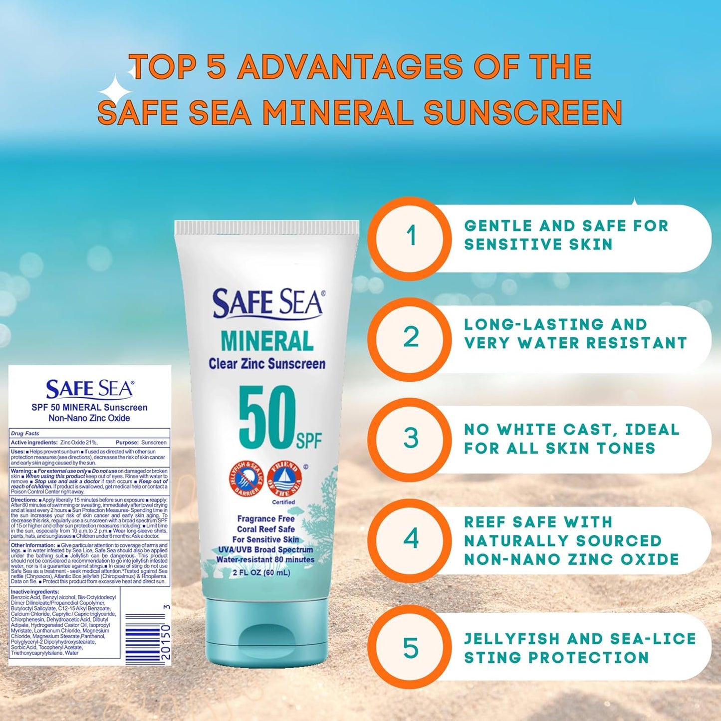 Safe Sea Zinc Oxide Sunscreen SPF50 | Clear Mineral Face Sunscreen Without White Cast | Anti-Jellyfish Sting Protective Lotion | Coral Reef Safe | Travel Size - 2Oz (60ml), Pack of 3