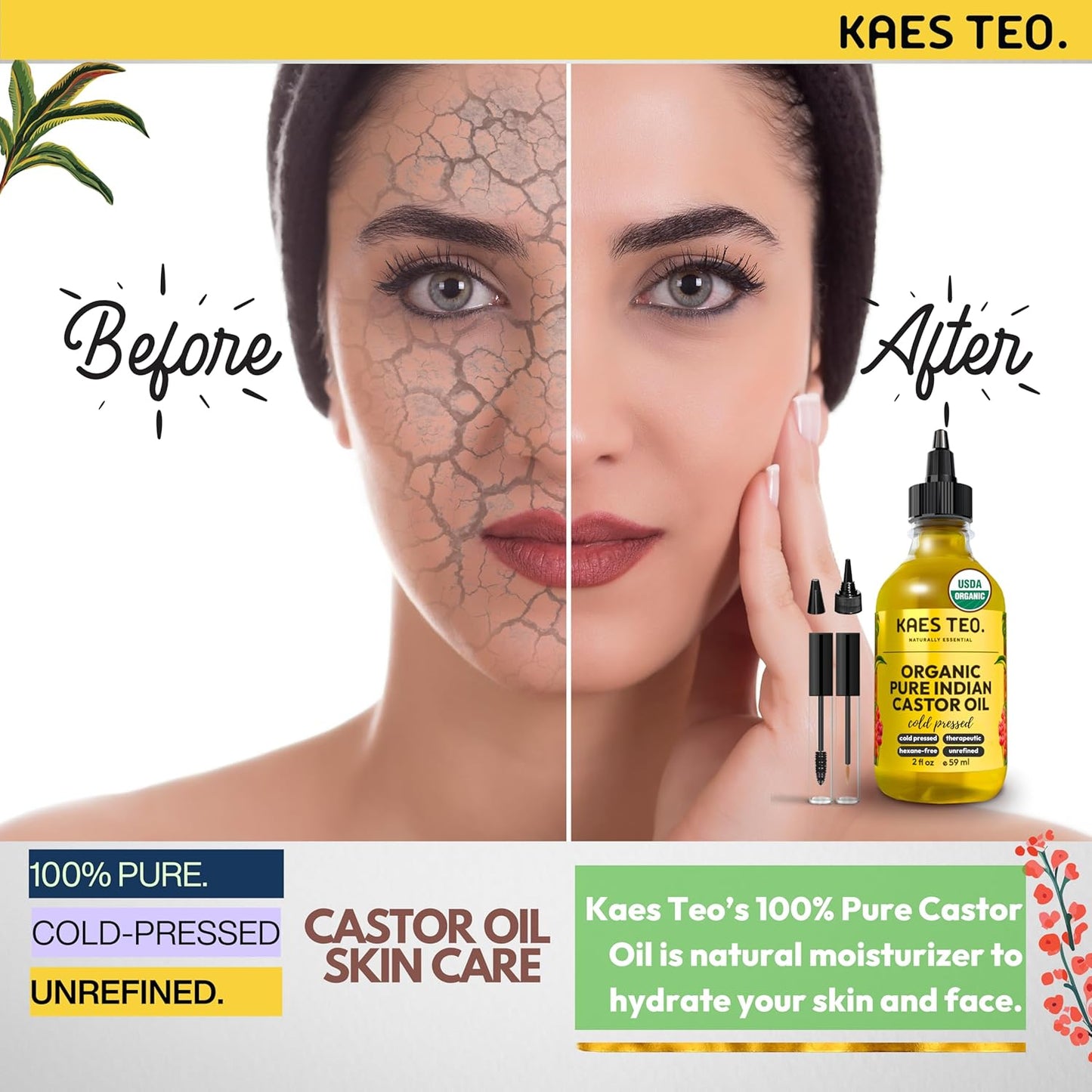 Organic Castor Oil 100% Pure Cold Pressed 2 Fl Oz Extra Virgin Unrefined Hexane Free - USDA Certified Organic, Golden Castor oil for Face, Skin, Hair, Eyebrows - Boost Hair Growth