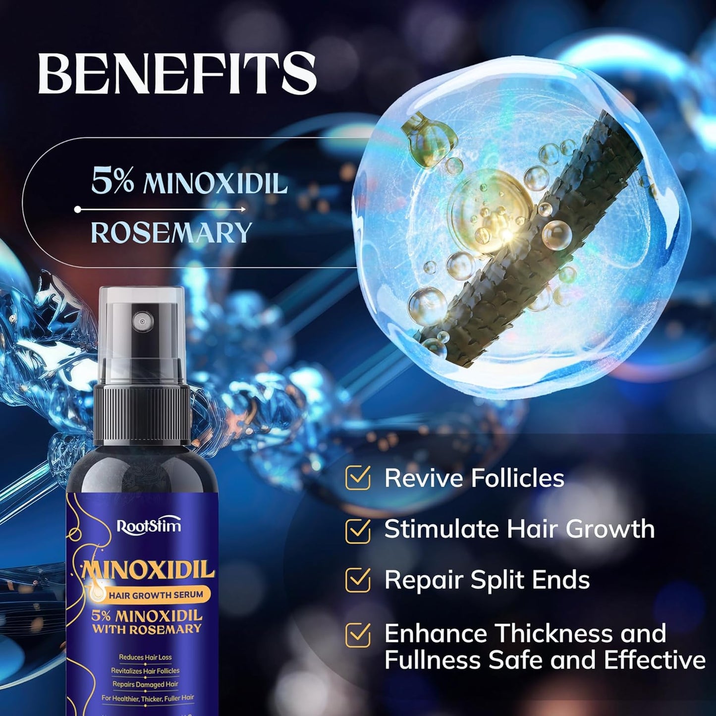 5% Minoxidil Hair Growth Kit for Men and Women: Extra Strength Minoxidil Hair Loss Treatment Serum with Rosemary for Faster Stronger Thicker Hair Growth 2 Fl Oz