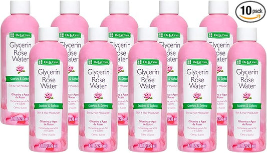 De La Cruz Rose Water and Glycerin for Face - Rosewater Facial Toner and Moisturizer for Skin and Hair 8 fl oz (236 mL) - 10 Bottles
