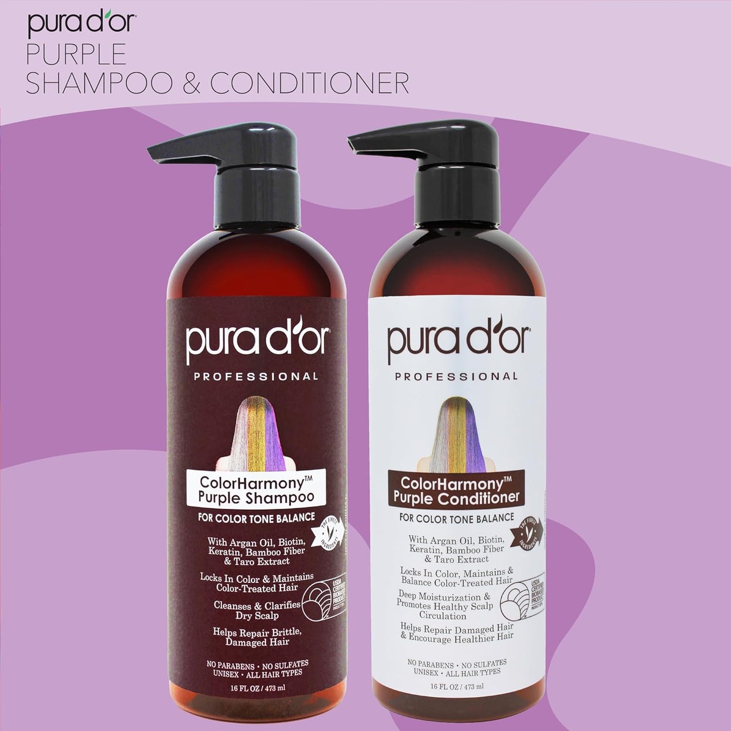 PURA D'OR Purple Shampoo & Conditioner (16oz x 2) ColorHarmony Biotin Set For Bleached, Blonde, Silver & Color Treated Hair - Keratin, Bamboo Fiber, No Sulfates - Men & Women